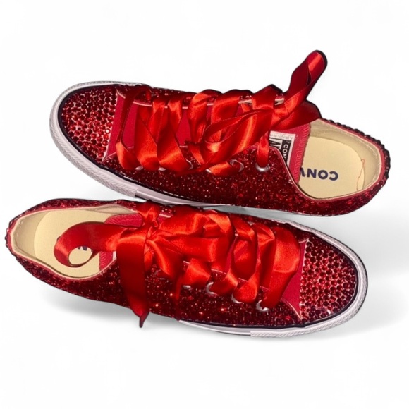 All Red Siam Luxe Crystal Red Low Top Converse Sizes 5-14 With Ribbon Laces New - Picture 3 of 15